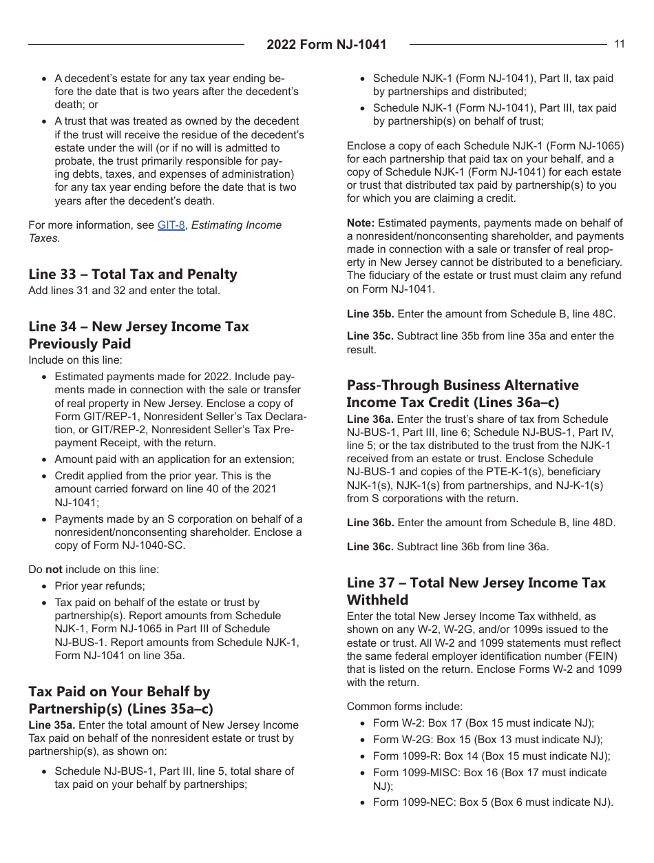 Instructions for Form NJ-1041 New Jersey Income Tax Fiduciary Return - New Jersey, Page 11