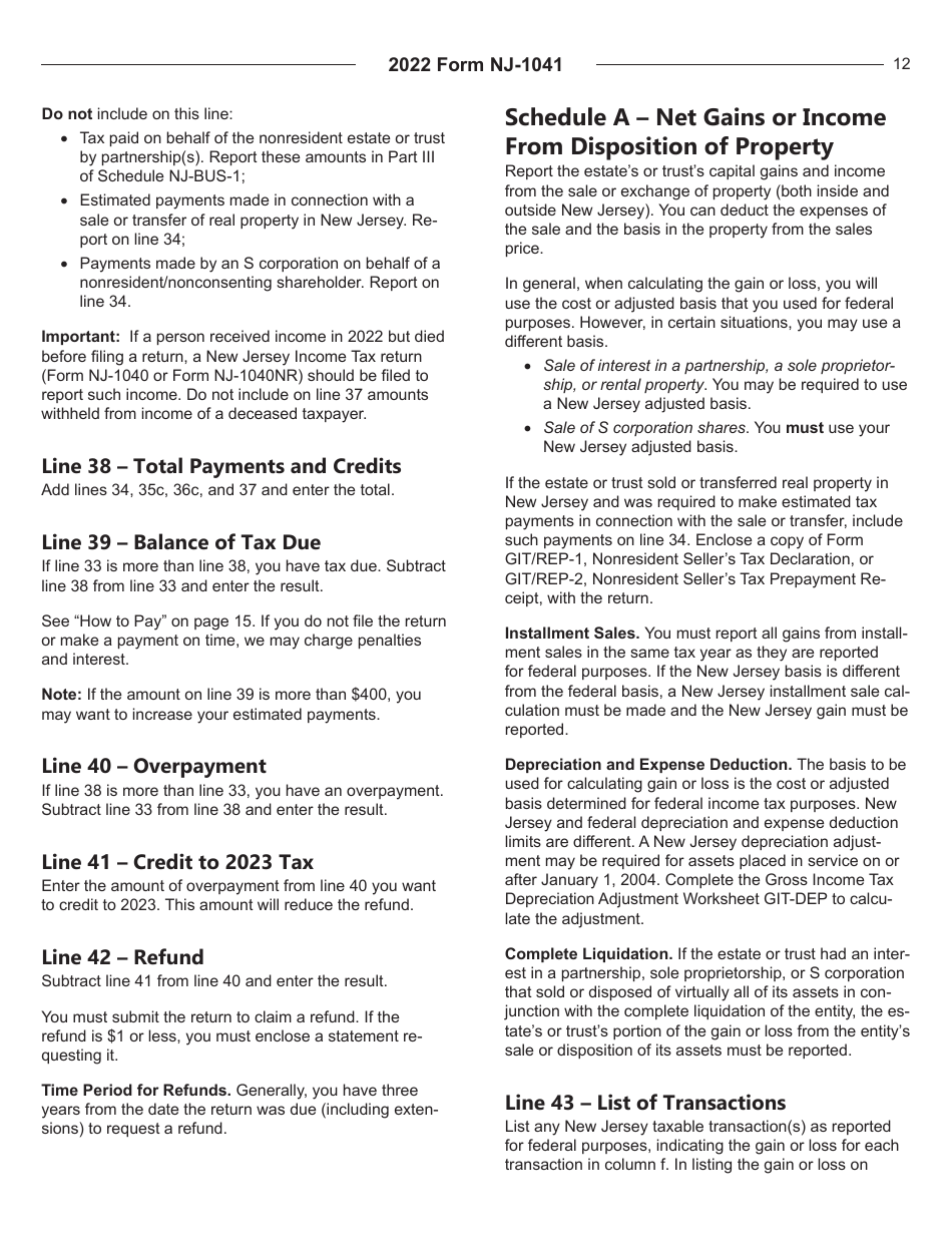 Instructions for Form NJ-1041 New Jersey Income Tax Fiduciary Return - New Jersey, Page 12
