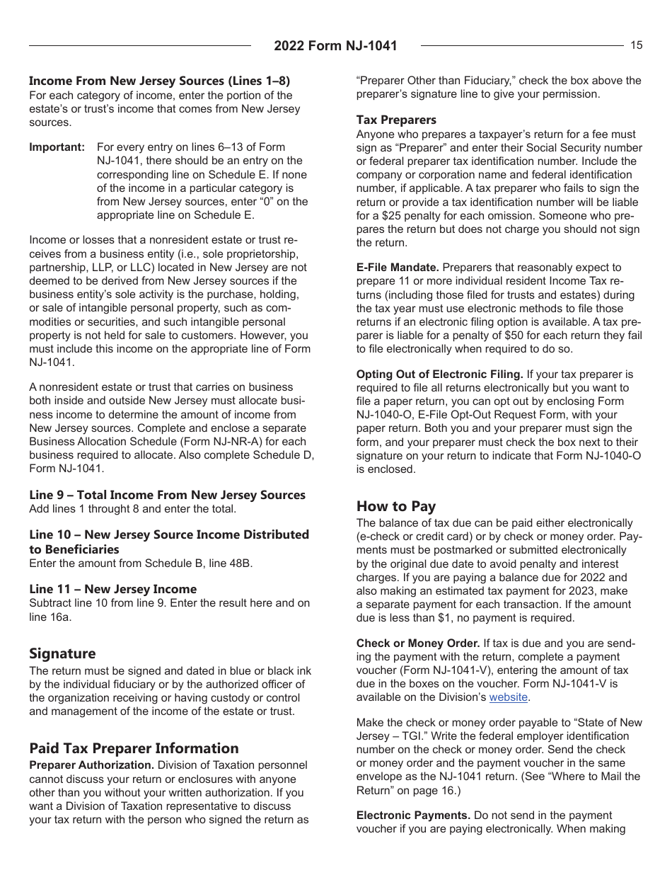 Instructions for Form NJ-1041 New Jersey Income Tax Fiduciary Return - New Jersey, Page 15