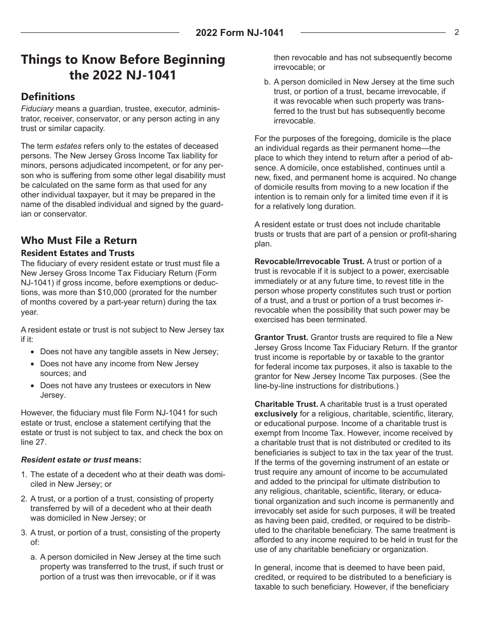 Instructions for Form NJ-1041 New Jersey Income Tax Fiduciary Return - New Jersey, Page 2