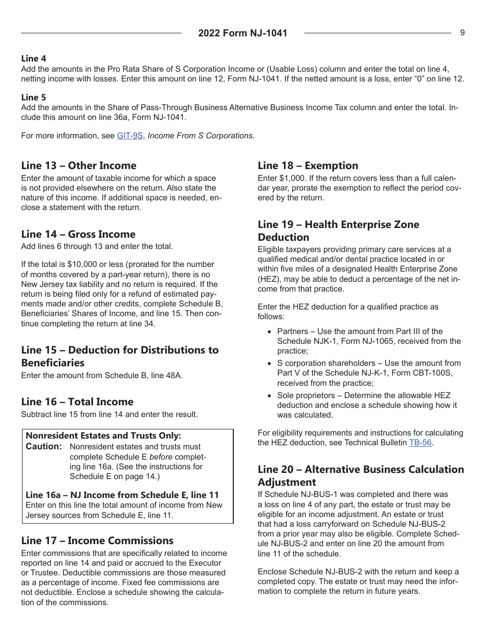 Instructions for Form NJ-1041 New Jersey Income Tax Fiduciary Return - New Jersey, Page 9