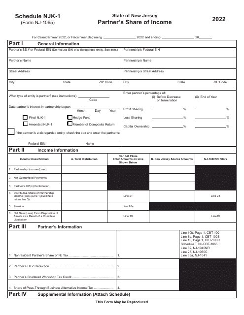 Form NJ-1065 Schedule NJK-1 2022 Printable Pdf