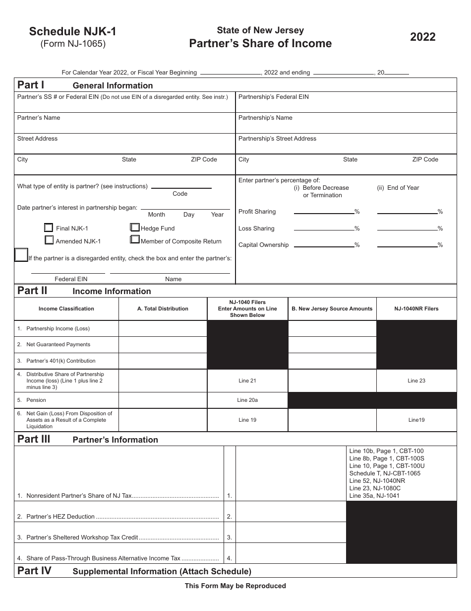 Form NJ-1065 Schedule NJK-1 Partners Share of Income - New Jersey, Page 1