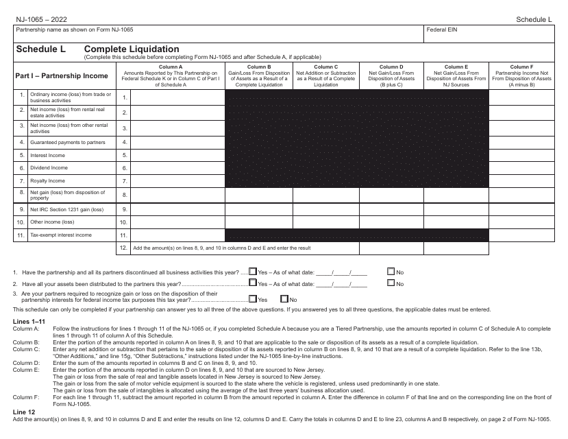 Form NJ-1065 Schedule L 2022 Printable Pdf