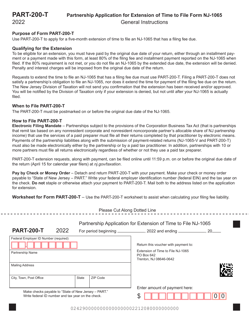 Form PART-200-T Partnership Application for Extension of Time to File Form Nj-1065 - New Jersey, Page 1