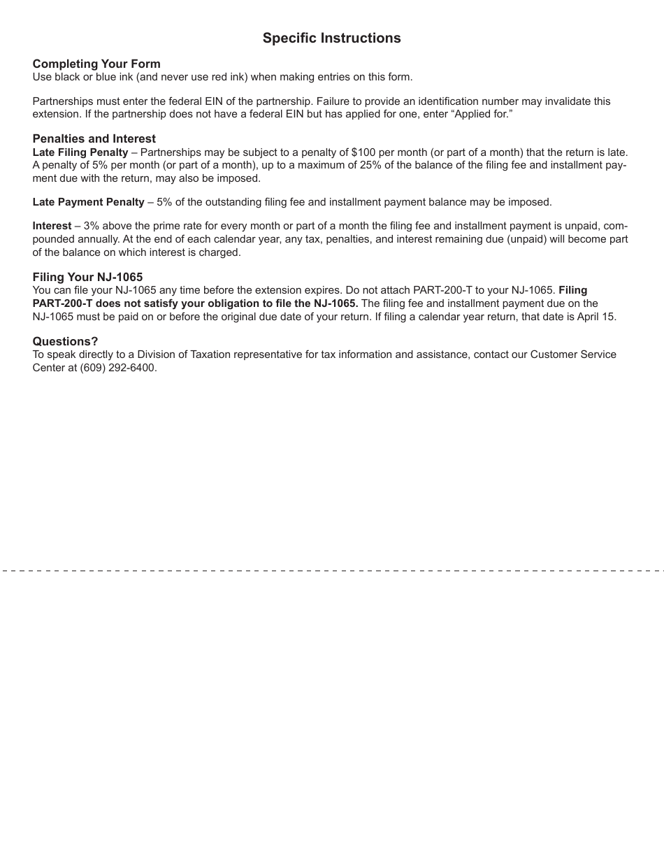 Form PART-200-T Partnership Application for Extension of Time to File Form Nj-1065 - New Jersey, Page 2