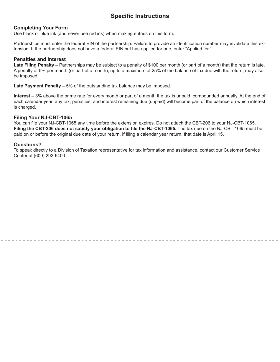 Form CBT-206 Partnership Application for Extension of Time to File Nj-Cbt-1065 - New Jersey, Page 2