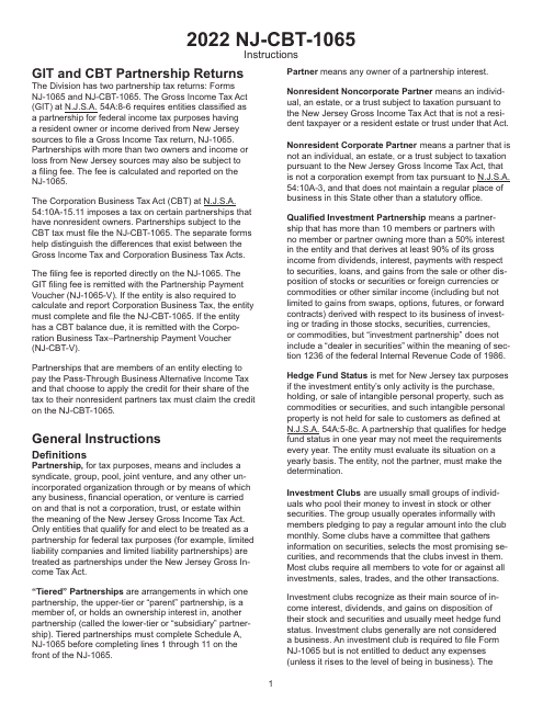 Form NJ-CBT-1065 2022 Printable Pdf