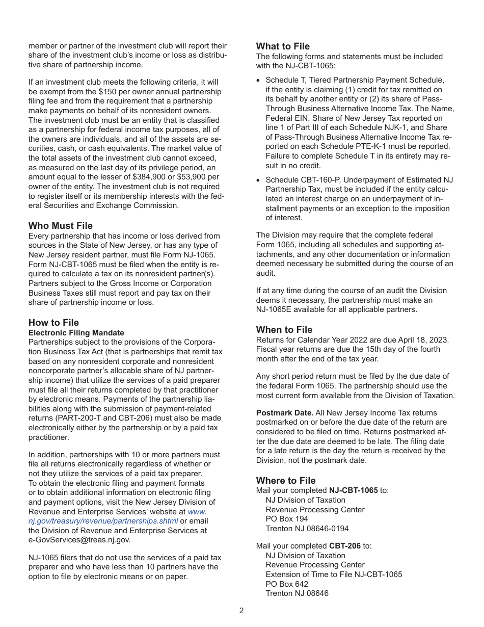 Instructions for Form NJ-CBT-1065 New Jersey Partnership Return - Corporation Business Tax - New Jersey, Page 2