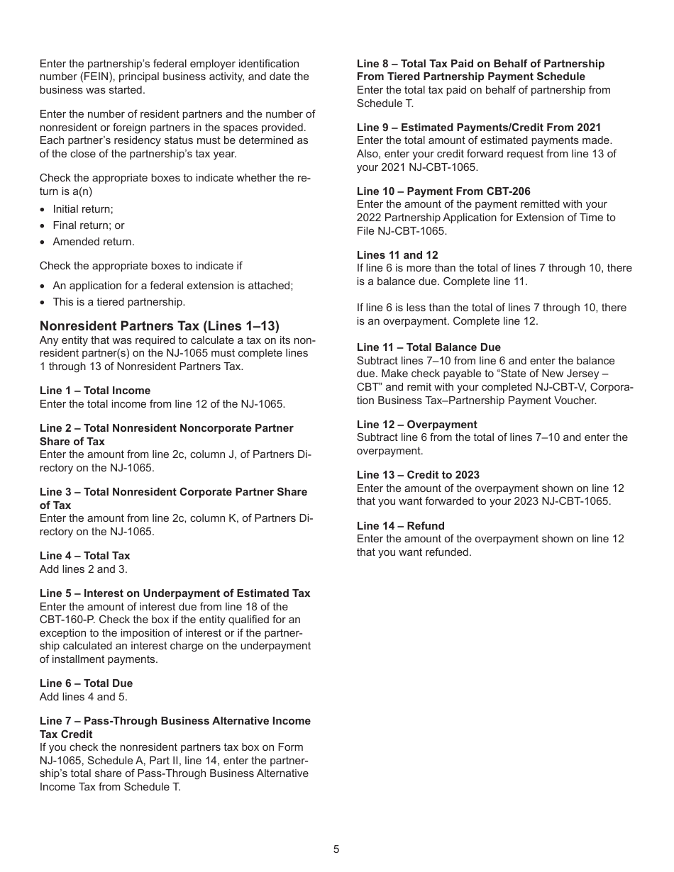 Instructions for Form NJ-CBT-1065 New Jersey Partnership Return - Corporation Business Tax - New Jersey, Page 5