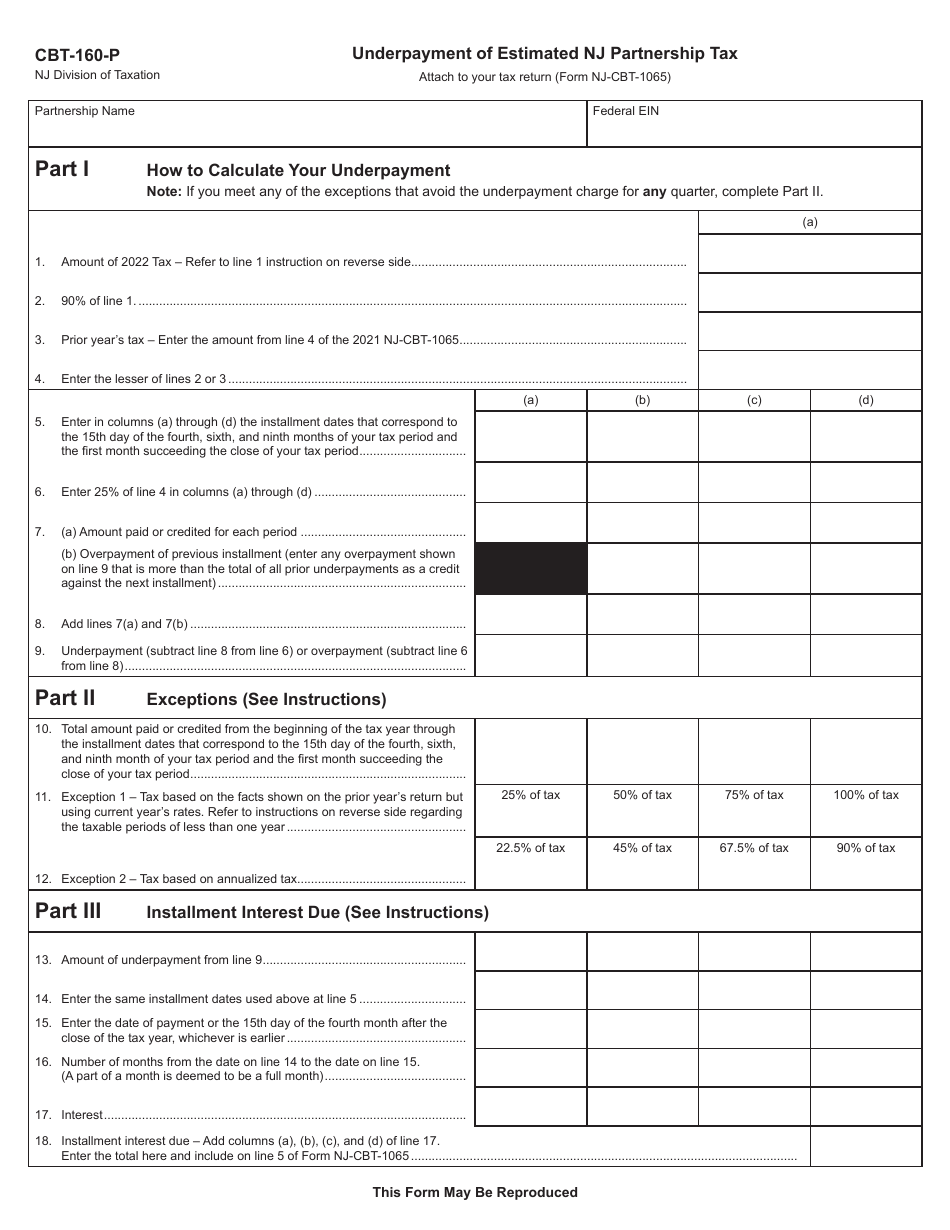 Form CBT-160-P Underpayment of Estimated Nj Partnership Tax - New Jersey, Page 1