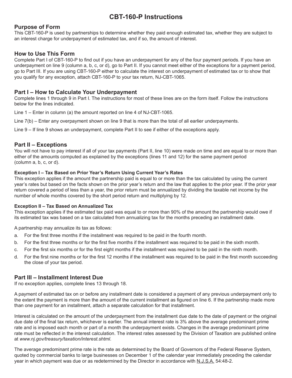 Form CBT-160-P Underpayment of Estimated Nj Partnership Tax - New Jersey, Page 2