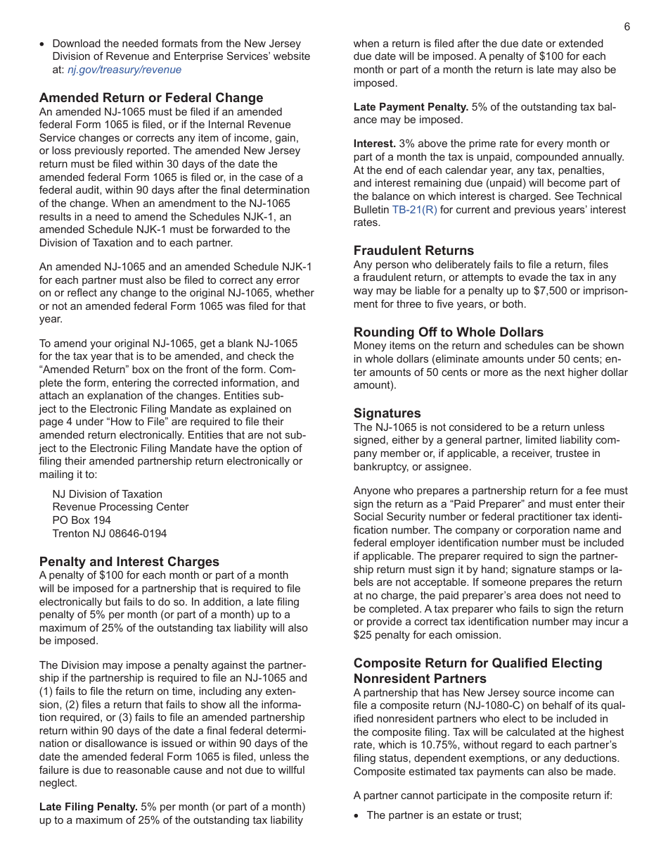 Download Instructions for Form NJ1065 New Jersey Partnership Return
