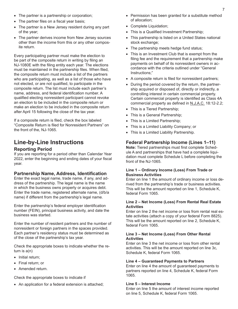 Download Instructions for Form NJ1065 New Jersey Partnership Return