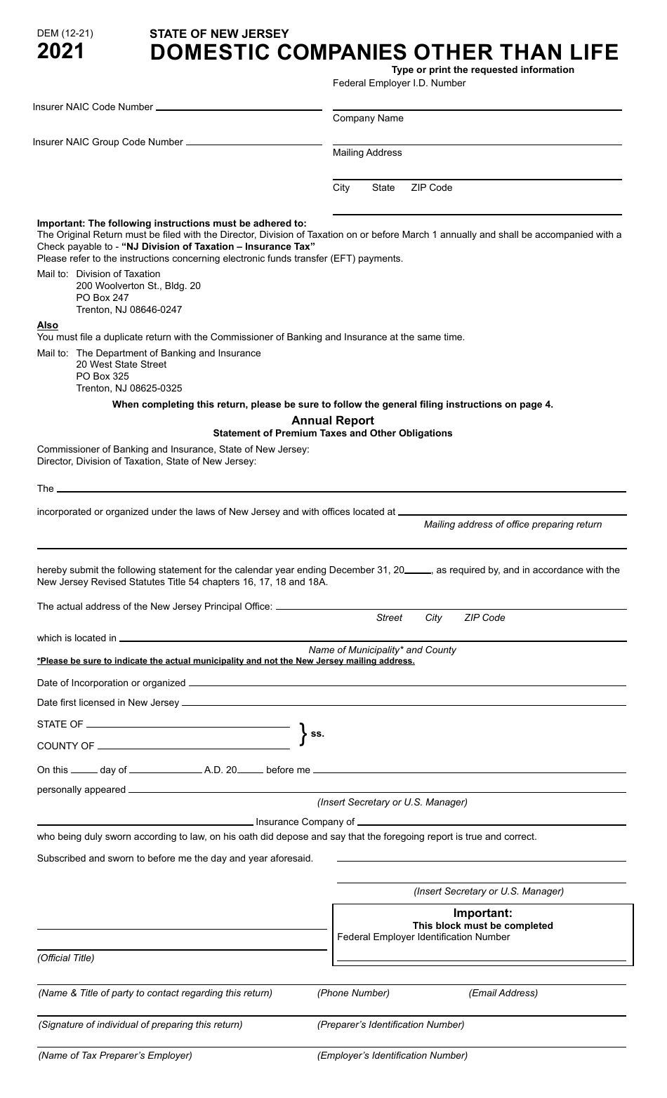 Form DEM Domestic Companies Other Than Life - New Jersey, Page 1