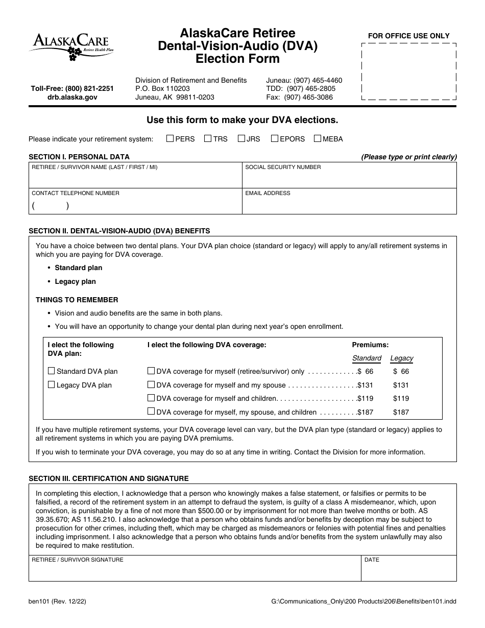 Form BEN101 Alaskacare Retiree Dental-Vision-Audio (Dva) Election Form - Alaska, Page 1