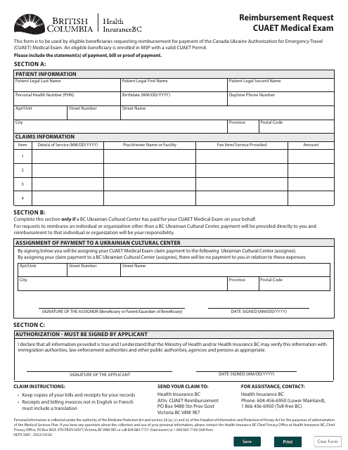 Form HLTH3001 Reimbursement Request - Cuaet Medical Exam - British Columbia, Canada