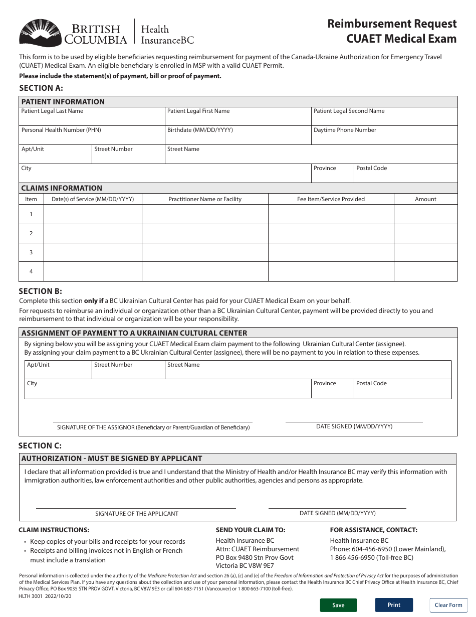 Form HLTH3001 Reimbursement Request - Cuaet Medical Exam - British Columbia, Canada, Page 1