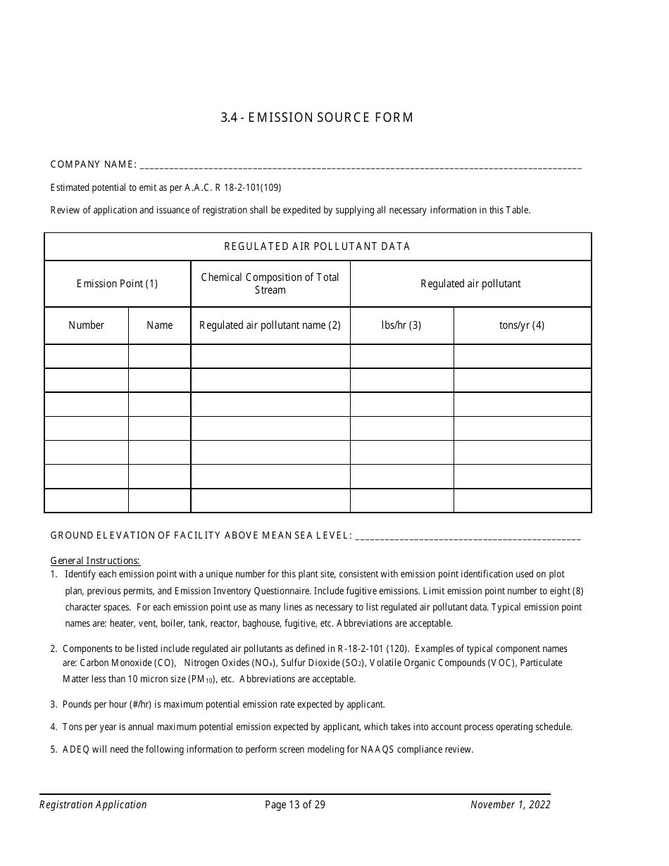 Air Quality Standard Registration Application Form - Arizona, Page 13