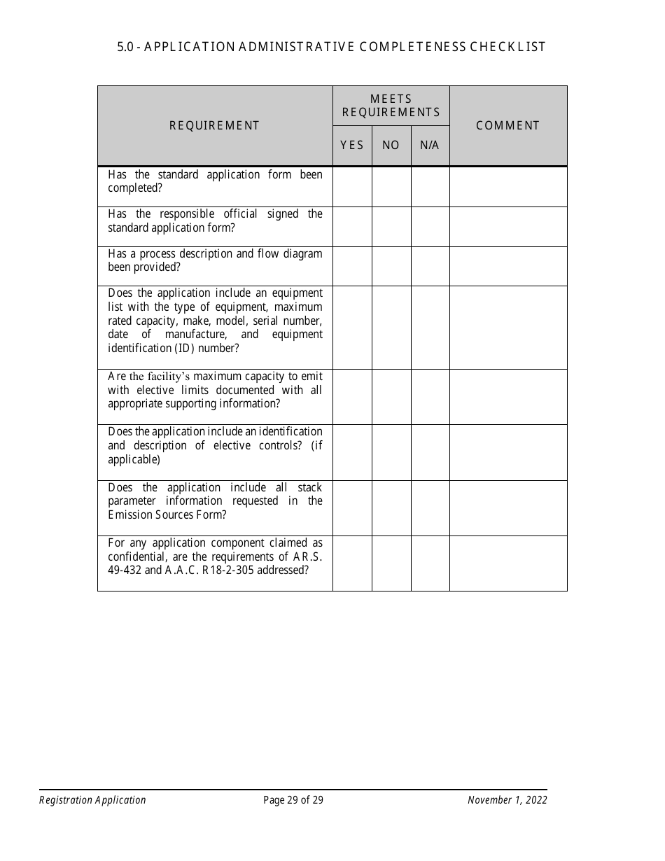 Air Quality Standard Registration Application Form - Arizona, Page 29