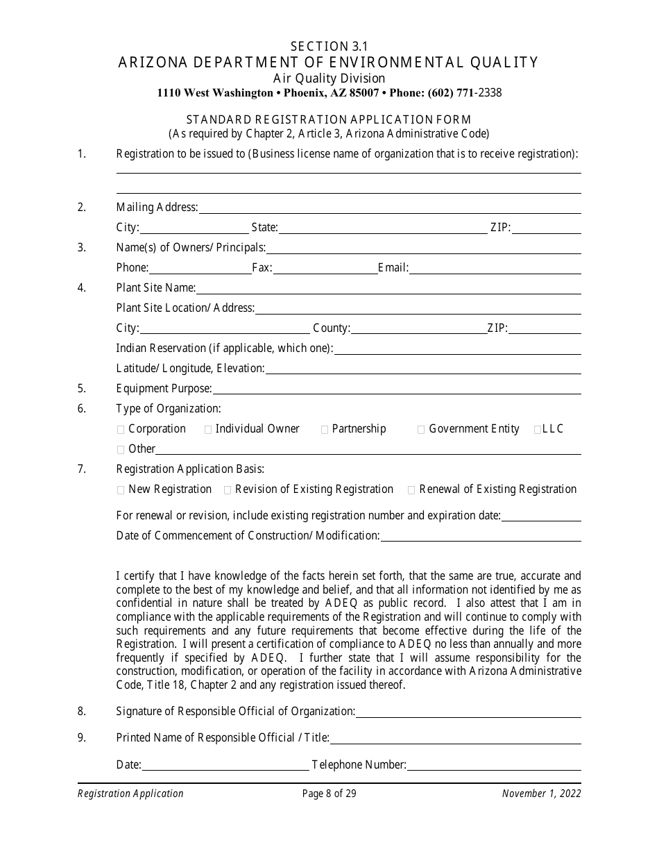 Air Quality Standard Registration Application Form - Arizona, Page 8