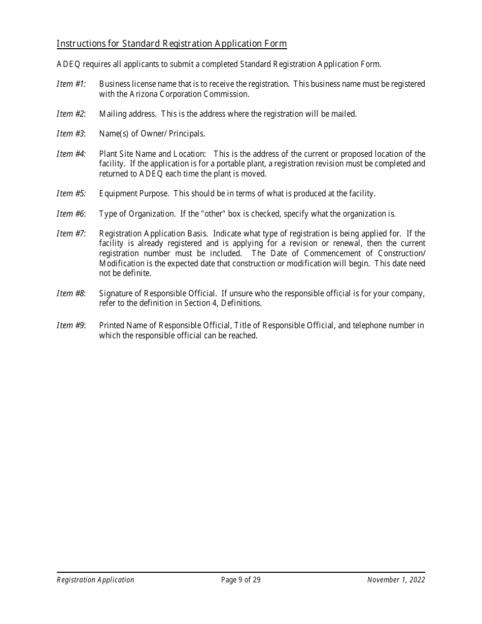Air Quality Standard Registration Application Form - Arizona, Page 9
