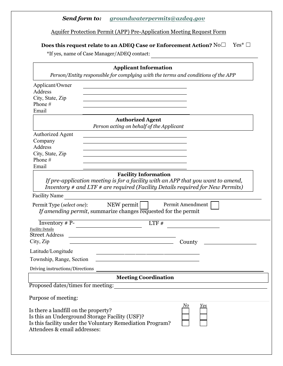 Aquifer Protection Permit (App) Pre-application Meeting Request Form - Arizona, Page 1