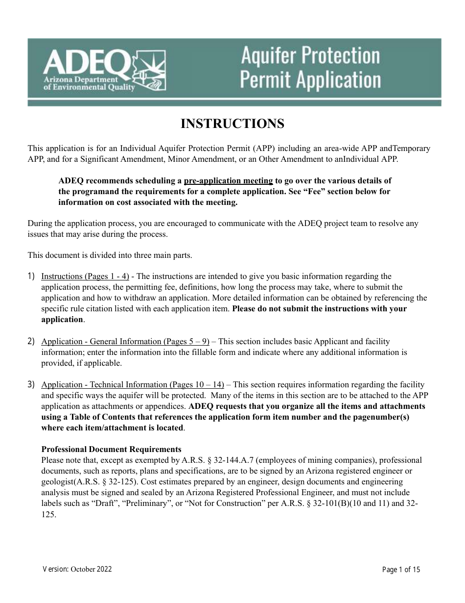Aquifer Protection Permit Application - Arizona, Page 1