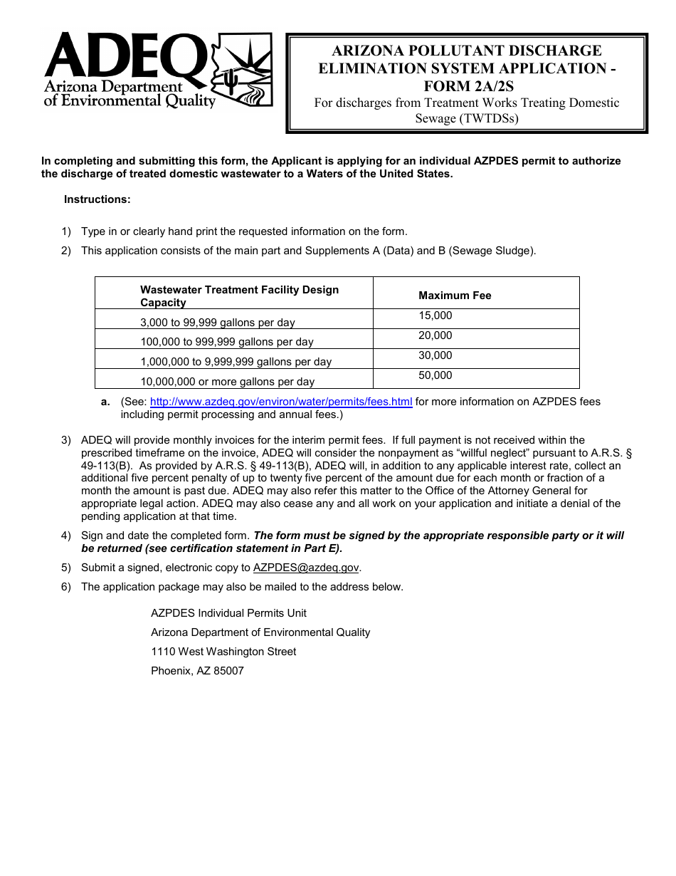ADEQ Form 2A / 2S Arizona Pollutant Discharge Elimination System Application - Arizona, Page 1