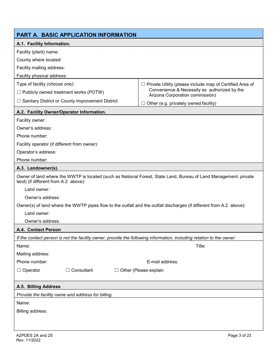 ADEQ Form 2A / 2S Arizona Pollutant Discharge Elimination System Application - Arizona, Page 3