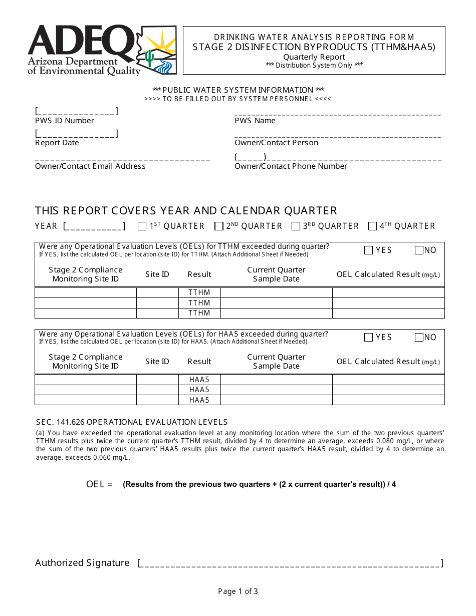 Form DWAR33 Drinking Water Analysis Reporting Form - Stage 2 Disinfection Byproducts (Tthmhaa5) Quarterly Report - Arizona, Page 1