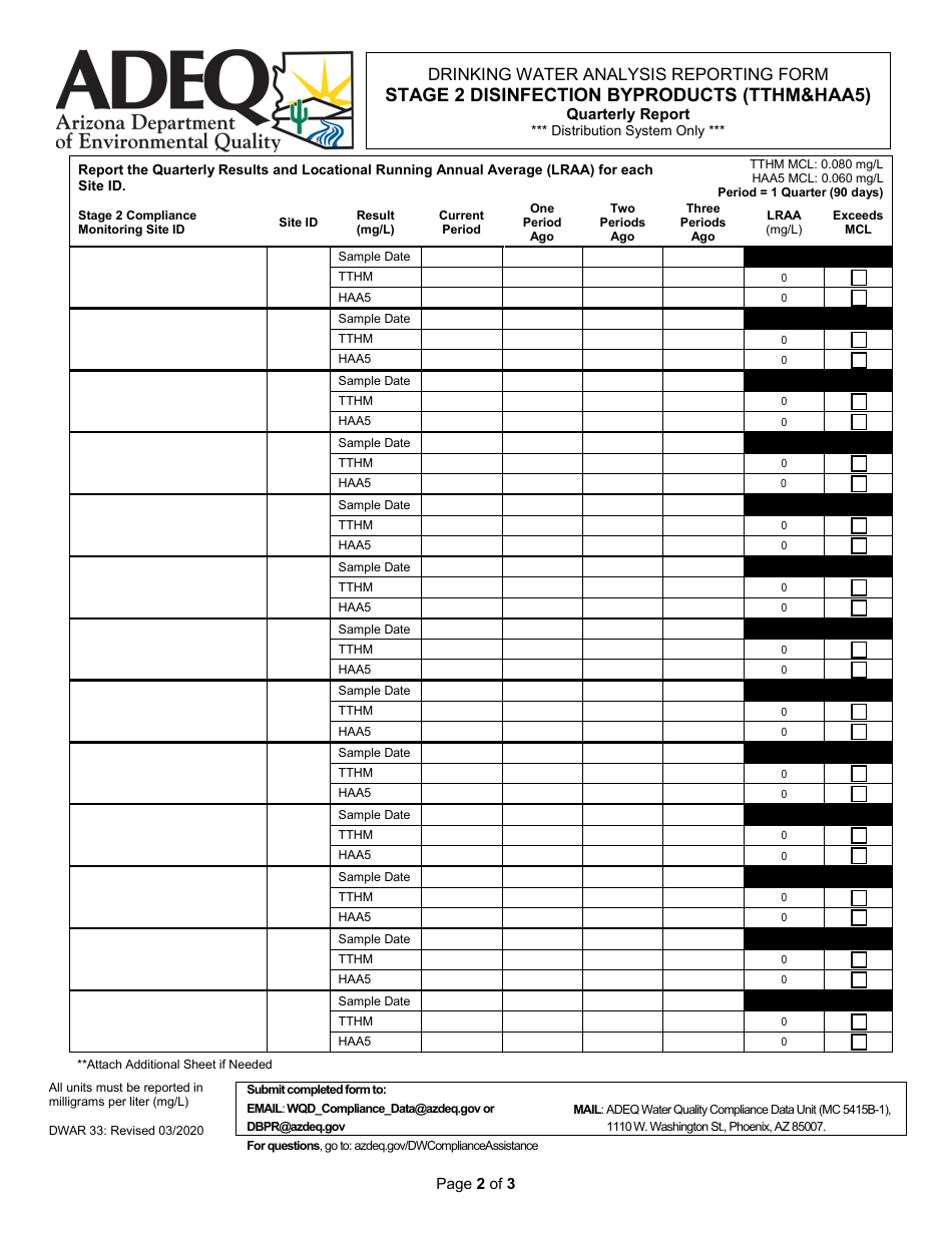 Form DWAR33 Drinking Water Analysis Reporting Form - Stage 2 Disinfection Byproducts (Tthmhaa5) Quarterly Report - Arizona, Page 2