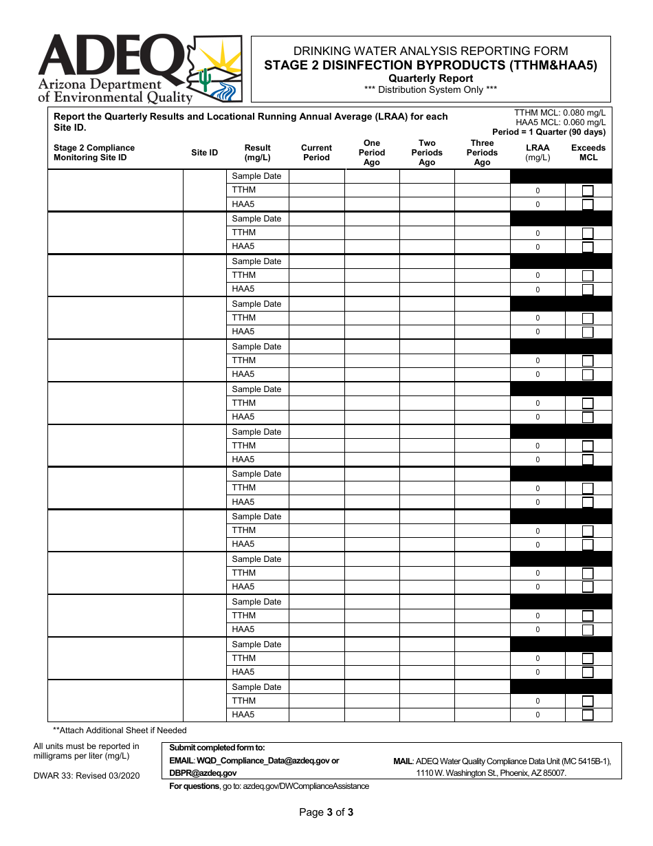 Form DWAR33 Drinking Water Analysis Reporting Form - Stage 2 Disinfection Byproducts (Tthmhaa5) Quarterly Report - Arizona, Page 3