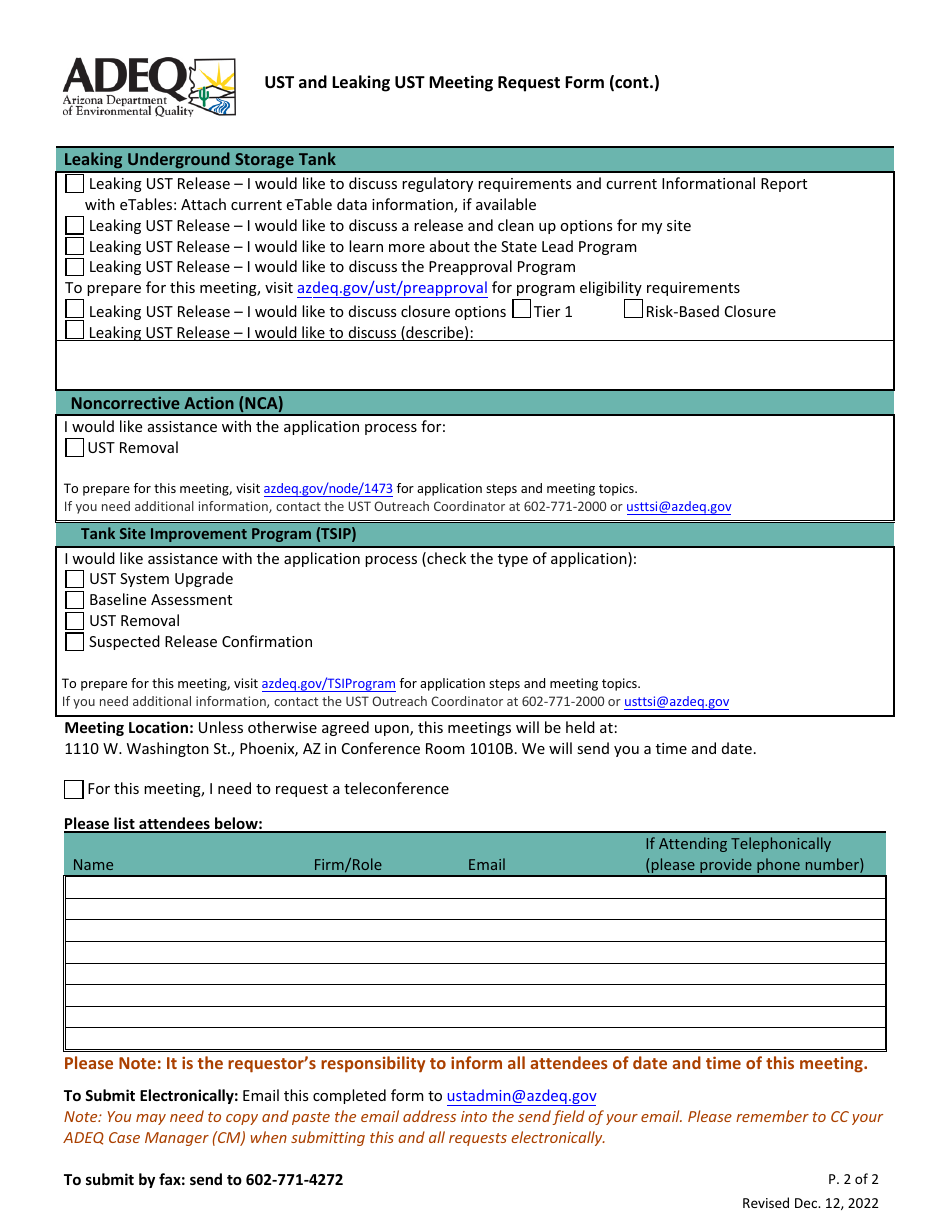 Underground Storage Tank (Ust) and Leaking Ust Meeting Request Form - Arizona, Page 2