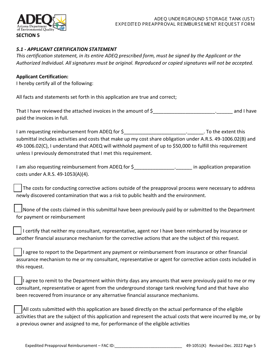 Adeq Underground Storage Tank (Ust) Expedited Preapproval Reimbursement Request Form - Arizona, Page 5
