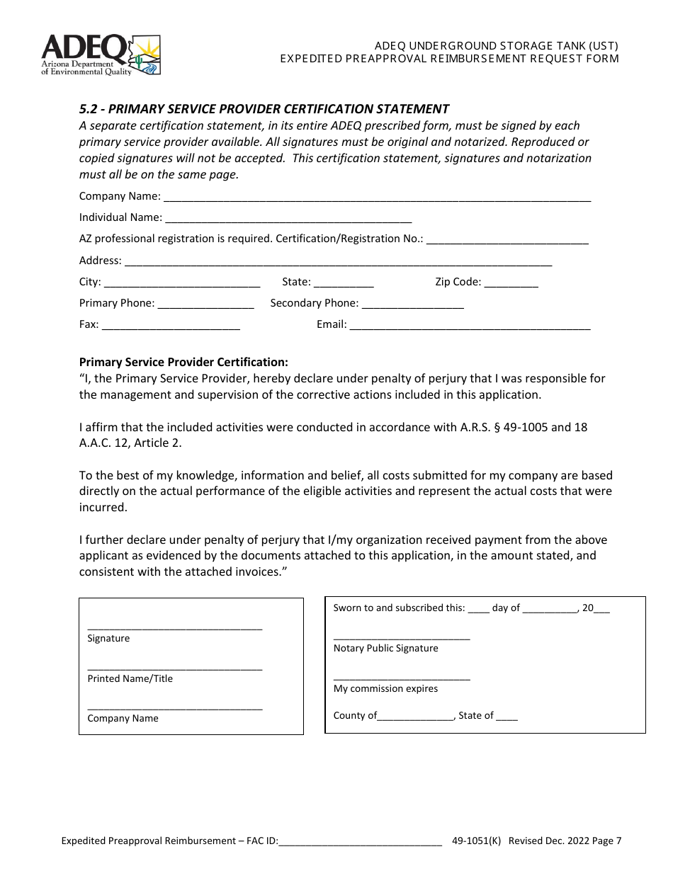 Adeq Underground Storage Tank (Ust) Expedited Preapproval Reimbursement Request Form - Arizona, Page 7