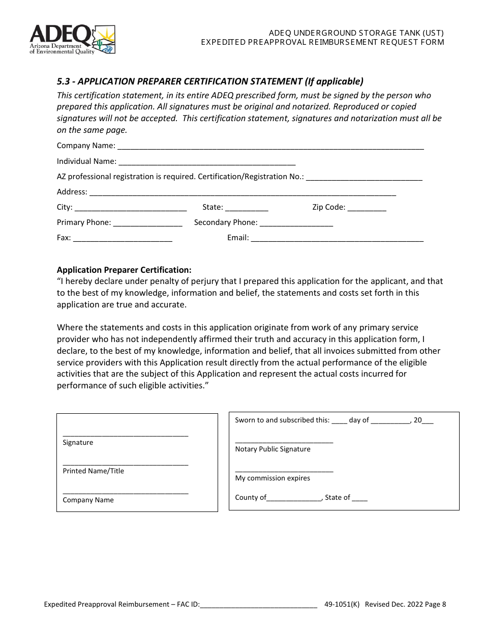 Adeq Underground Storage Tank (Ust) Expedited Preapproval Reimbursement Request Form - Arizona, Page 8