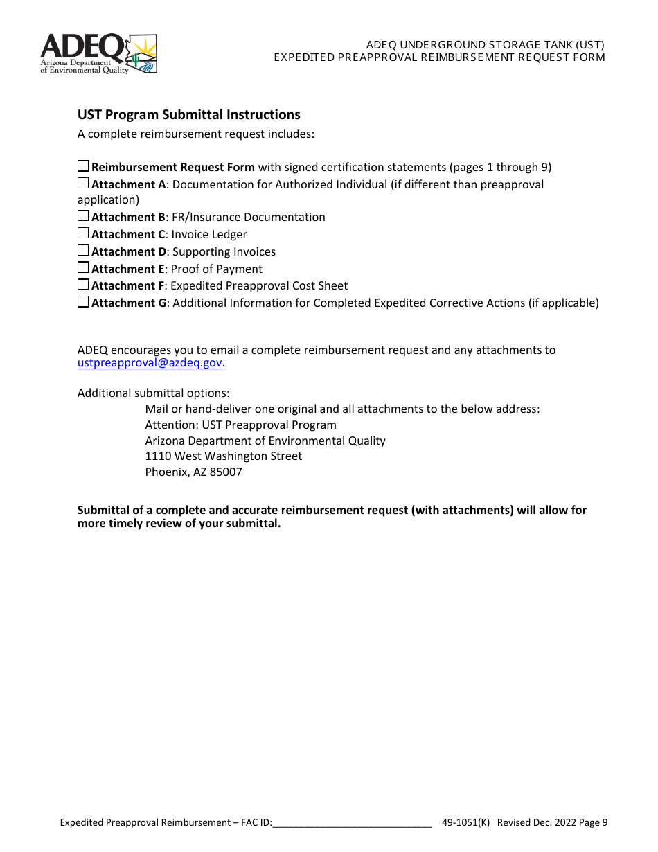 Adeq Underground Storage Tank (Ust) Expedited Preapproval Reimbursement Request Form - Arizona, Page 9