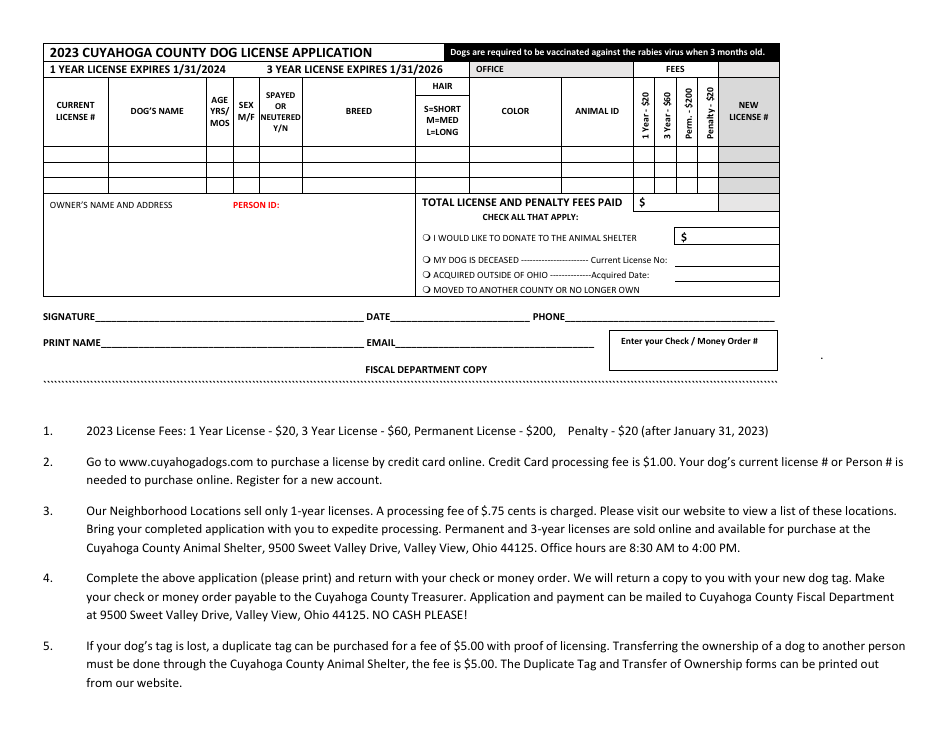 2023 Cuyahoga County, Ohio Dog License Application Download Printable