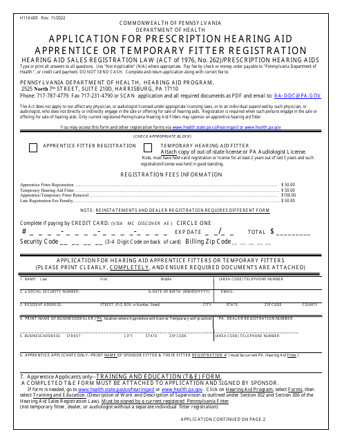 Form H114.600 Application for Prescription Hearing Aid Apprentice or Temporary Fitter Registration - Pennsylvania