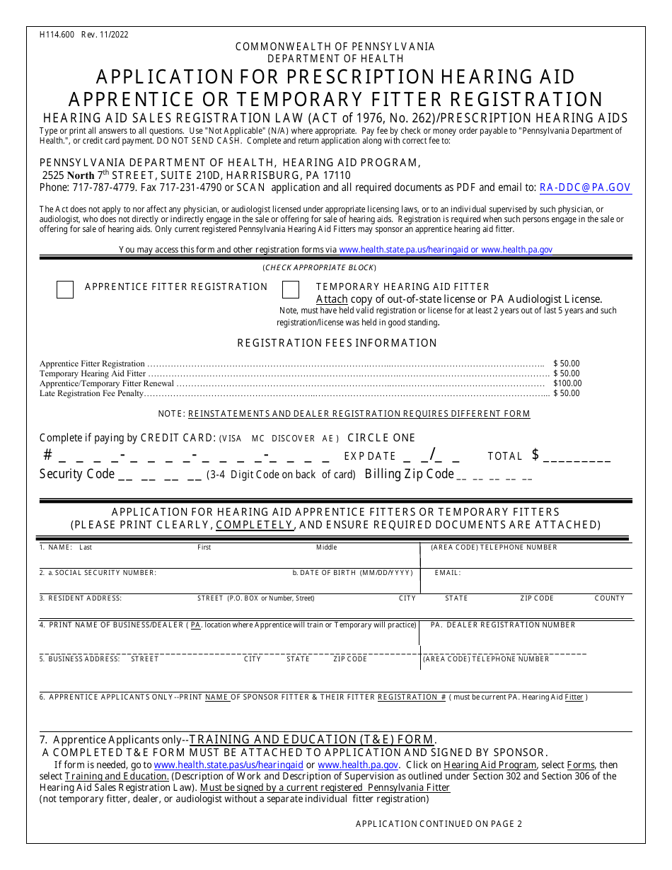 Form H114.600 Application for Prescription Hearing Aid Apprentice or Temporary Fitter Registration - Pennsylvania, Page 1