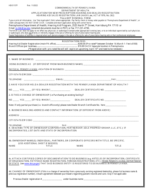 Form HD01157F Application for New Prescription Hearing Aid Dealer/Registration - Pennsylvania