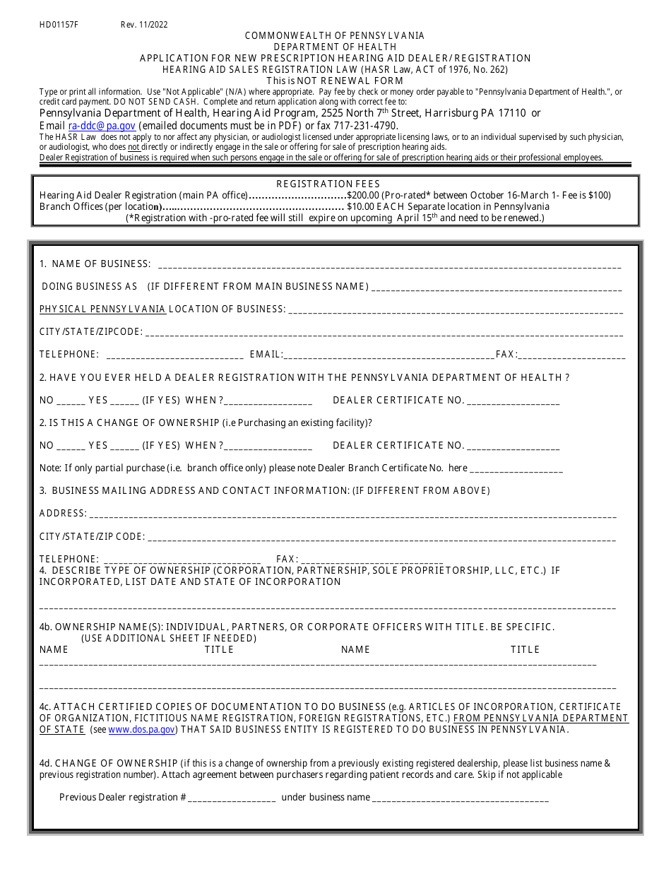 Form HD01157F Application for New Prescription Hearing Aid Dealer / Registration - Pennsylvania, Page 1
