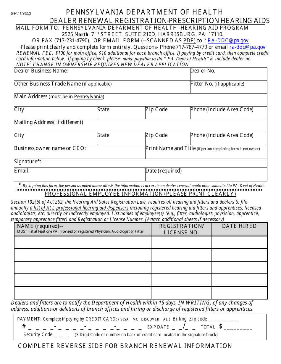 Dealer Renewal Registration - Prescription Hearing Aids - Pennsylvania, Page 1