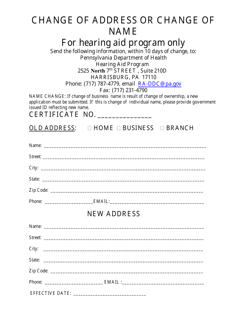Change of Address or Change of Name for Hearing Aid Program Only - Pennsylvania, Page 1