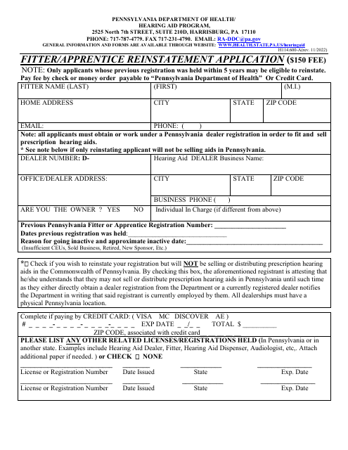 Form H114.600-A Fitter/Apprentice Reinstatement Application - Pennsylvania