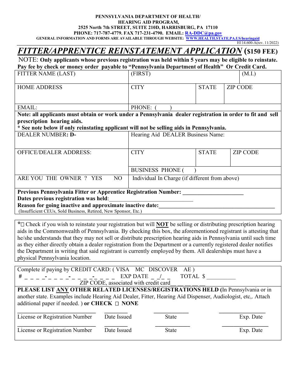 Form H114.600-A Fitter / Apprentice Reinstatement Application - Pennsylvania, Page 1