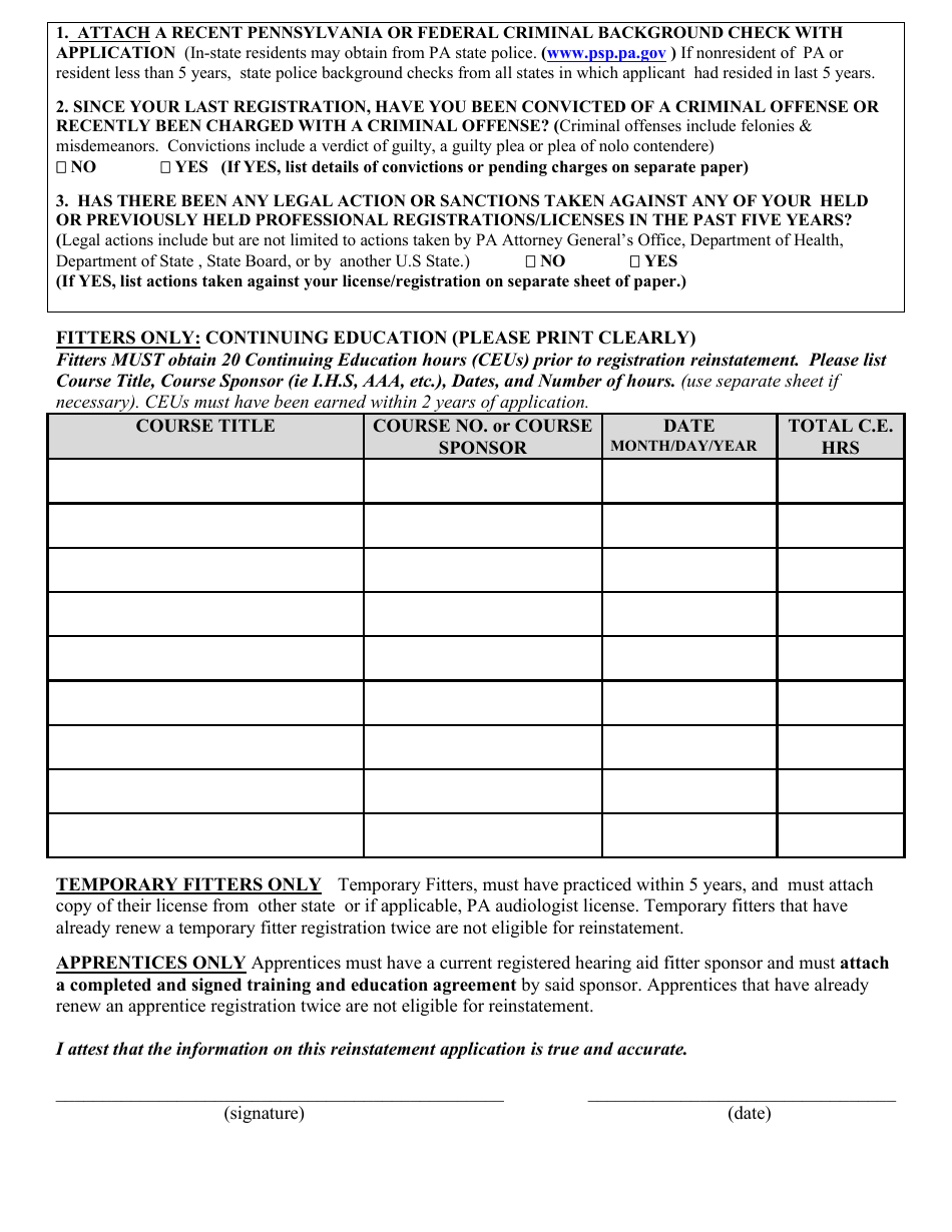 Form H114.600-A Fitter / Apprentice Reinstatement Application - Pennsylvania, Page 2