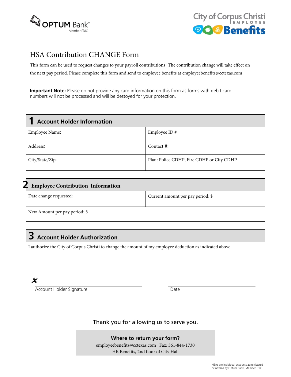 Hsa Contribution Change Form - City of Corpus Christi, Texas, Page 1