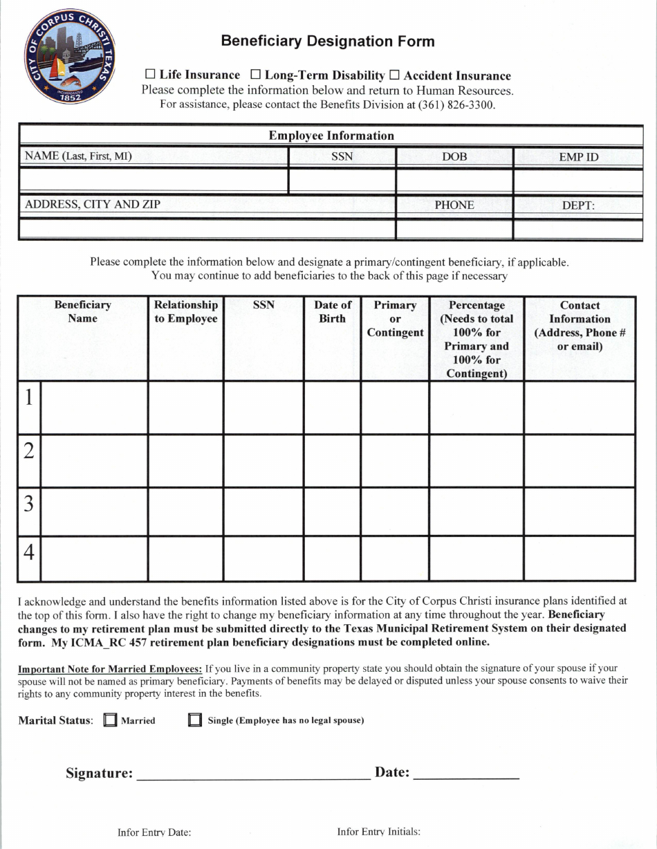 City of Corpus Christi, Texas Beneficiary Designation Form - Fill Out ...